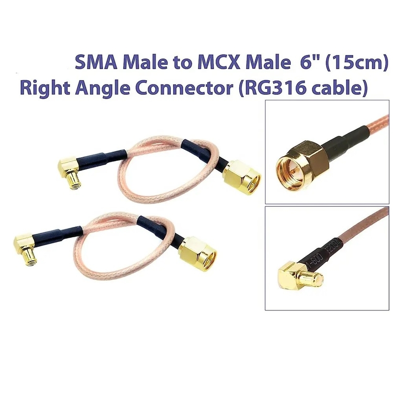 کابل کم ضایعات SMA-Male به MCX Male زاویه راست 6 اینچ 15 سانتی متر کانکتور RF RG316 آنتن کواکسیال Pigtail